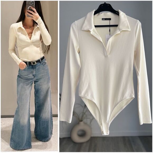 ZARA POLO COLLAR INTERLOCK BODYSUIT ECRU - Picture 4 of 4